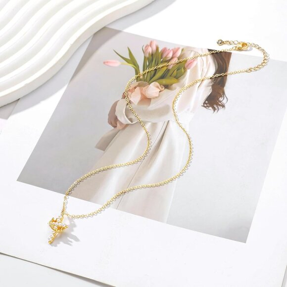 Diamond Crown Cross Necklace 14K Gold & Silver Plated Faith Gift for Women Chain - Picture 6 of 7